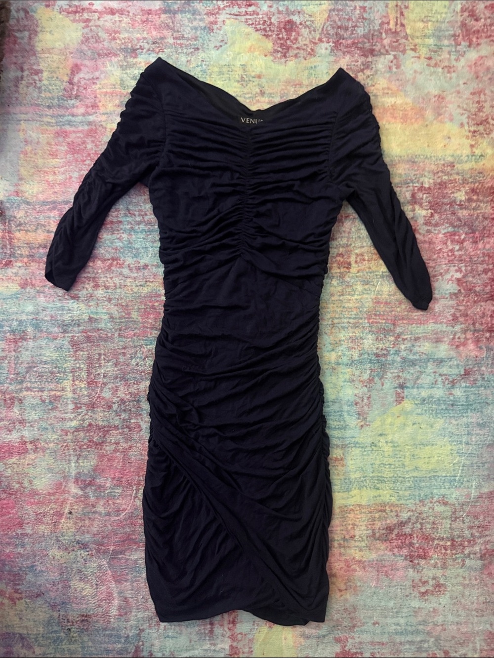 VENUS Black Ruched Off-Shoulder Long Sleeve Bodycon Dress